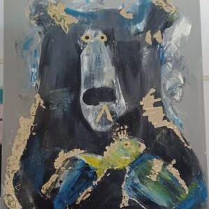 Modern Bear Canvas Art in Black, Blue, and Gold Original Acrylic Painting